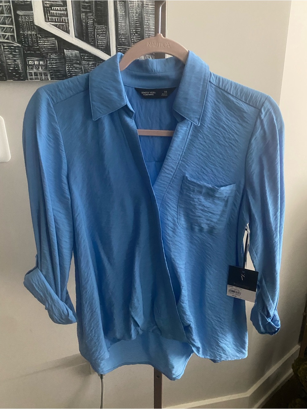 NWT Simply Vera Wang Sky Blue Draped V-Neck Blouse with rolled sleeves XS